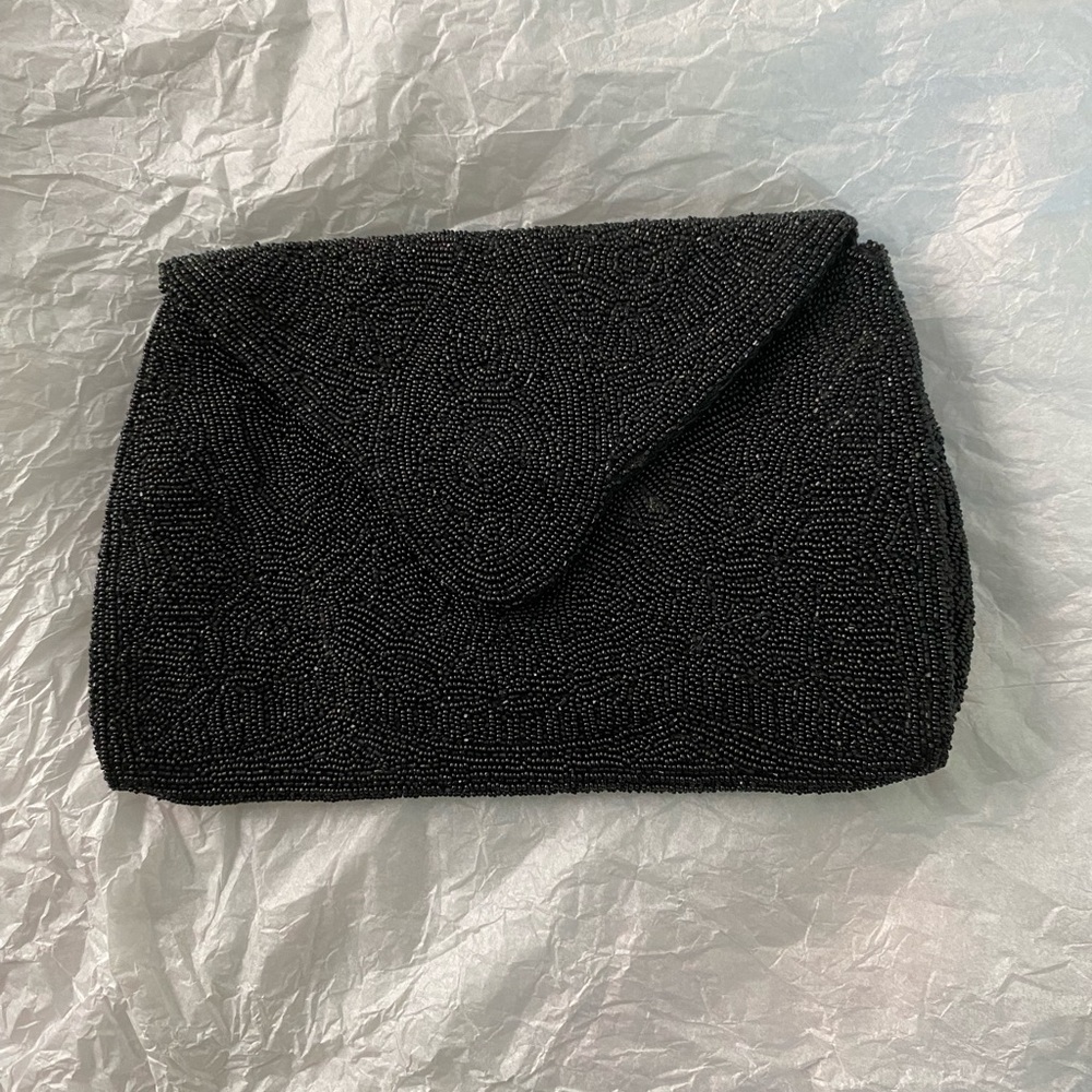 Vintage Beaded Clutch With Hand Strap Black with Mirror GORGEOUS 1950s